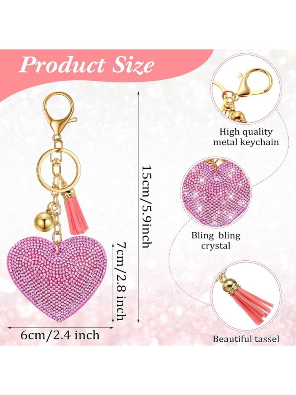 30 Pcs Valentine Heart Keychains Set - Glitter Rhinestone Bling Key Rings for - Picture 2 of 7